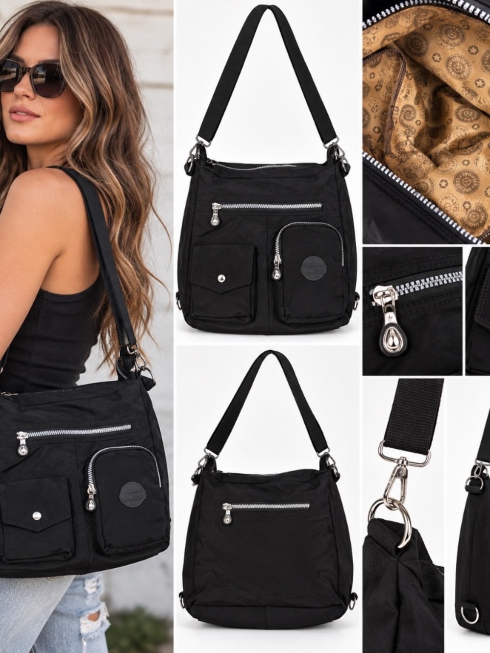 Jinqiaoer Shoulder Bag Backpack Black Multi Pockets Travel Zip Crossbody Bags